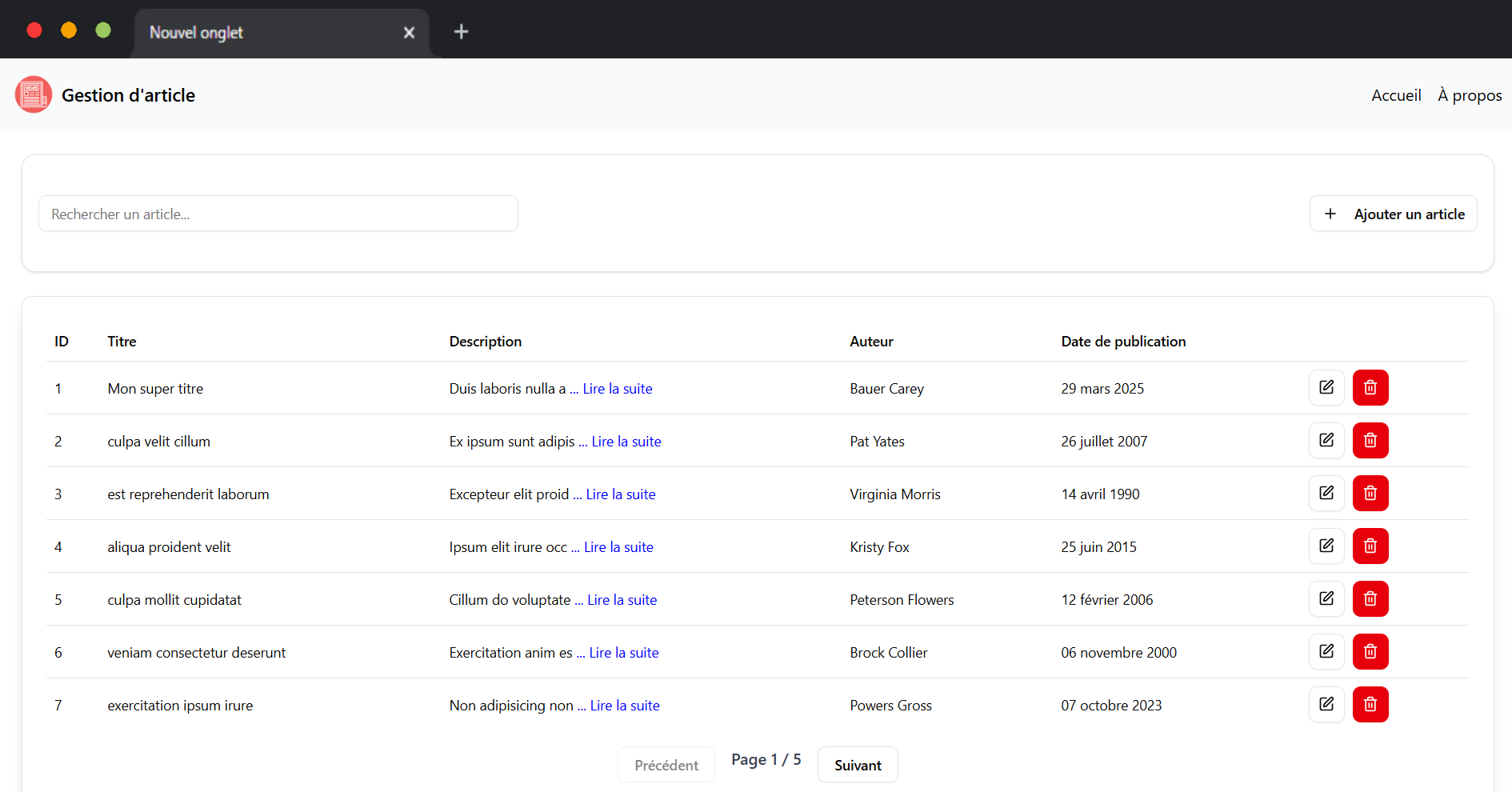 Gestion Articles - Interface principale