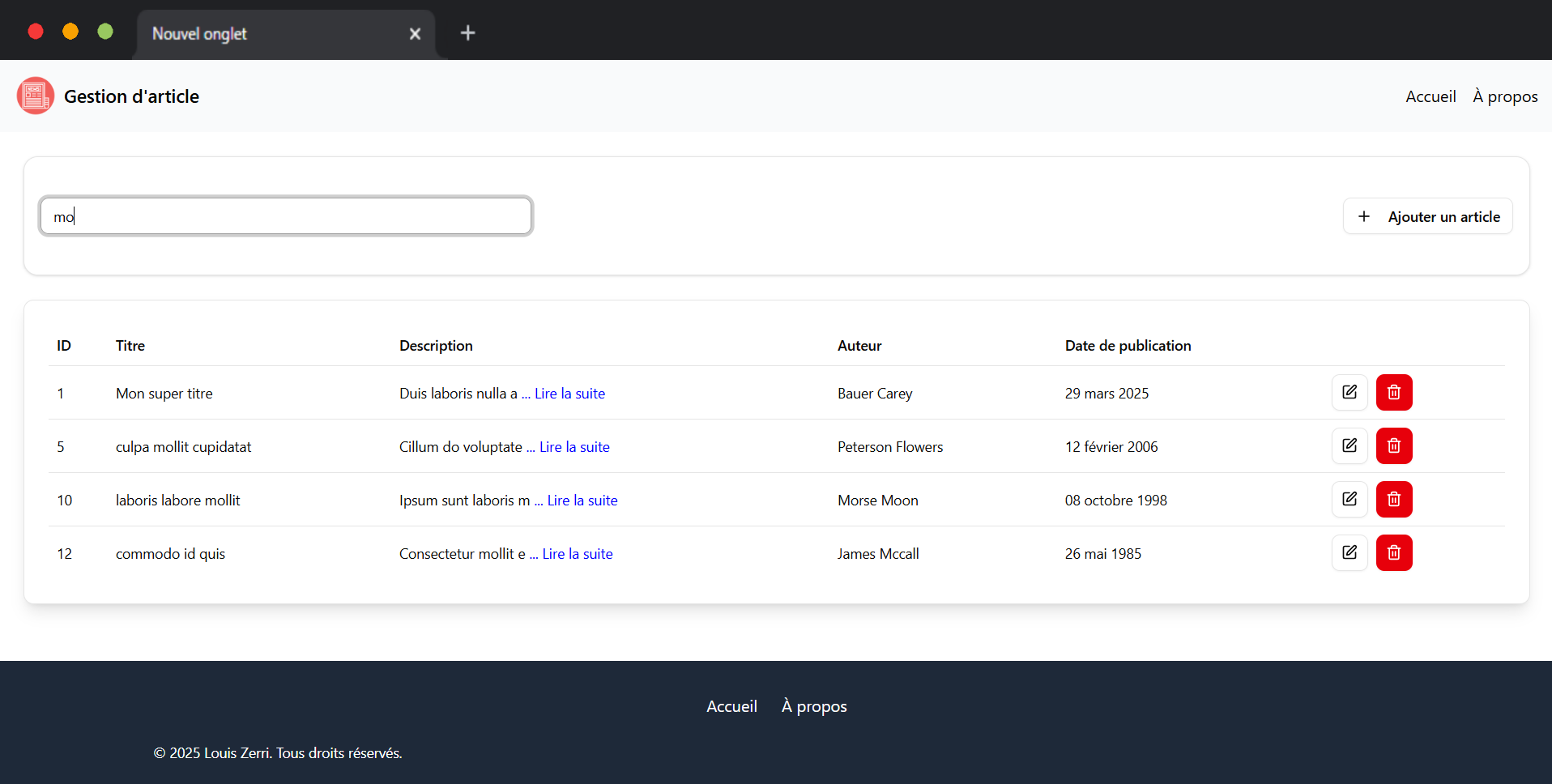 Gestion Articles - Liste des articles