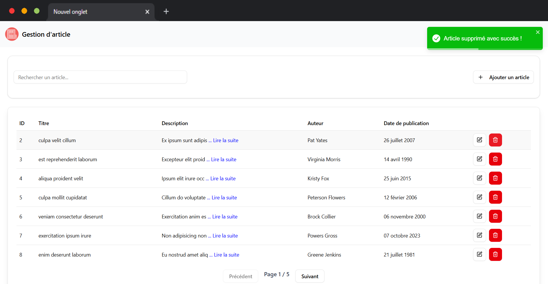 Gestion Articles - Vue détaillée