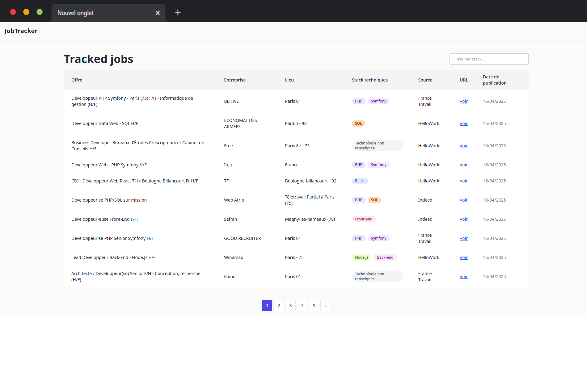 JobTracker - Filtrage par technologie