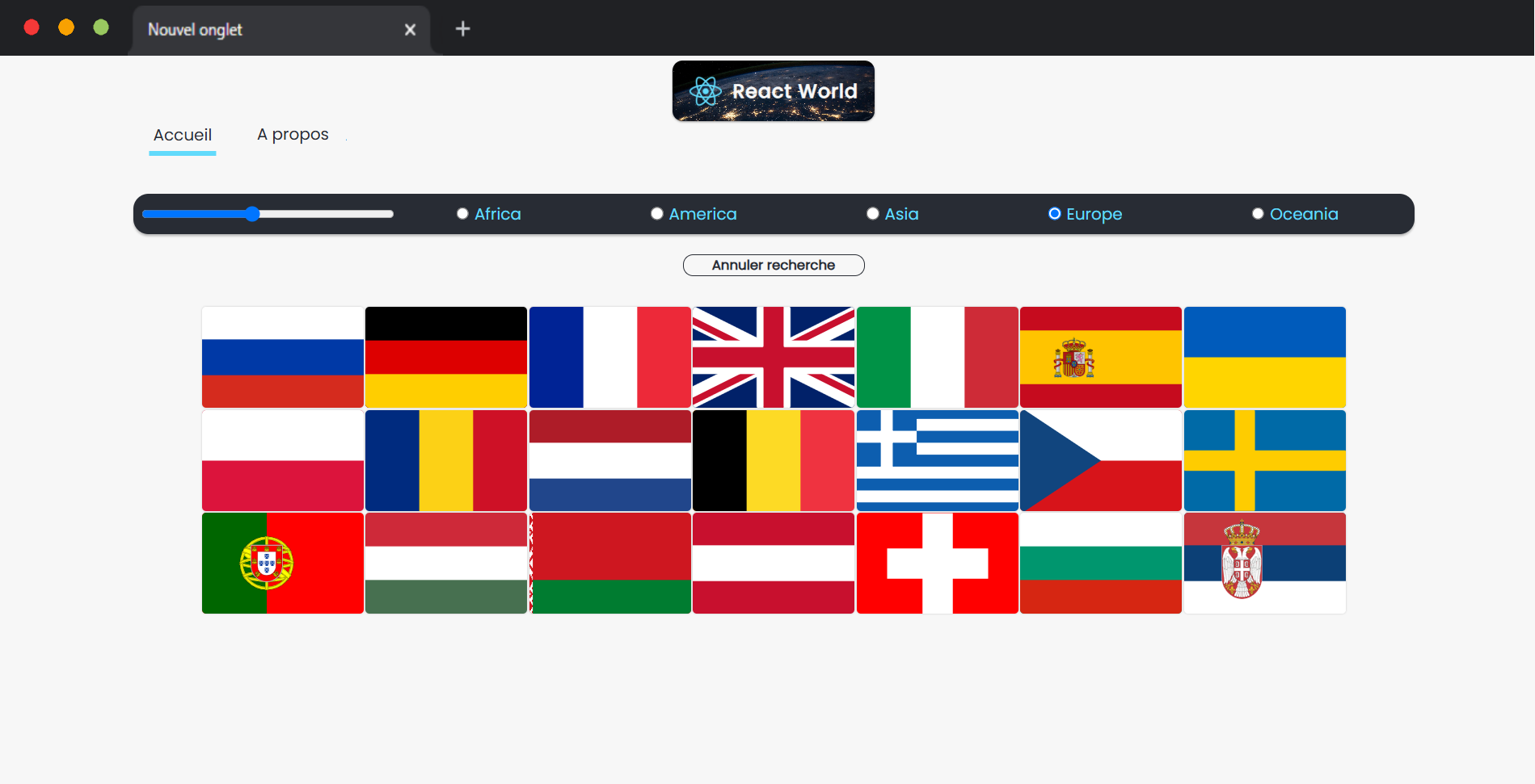 React World - Filtrage par continent